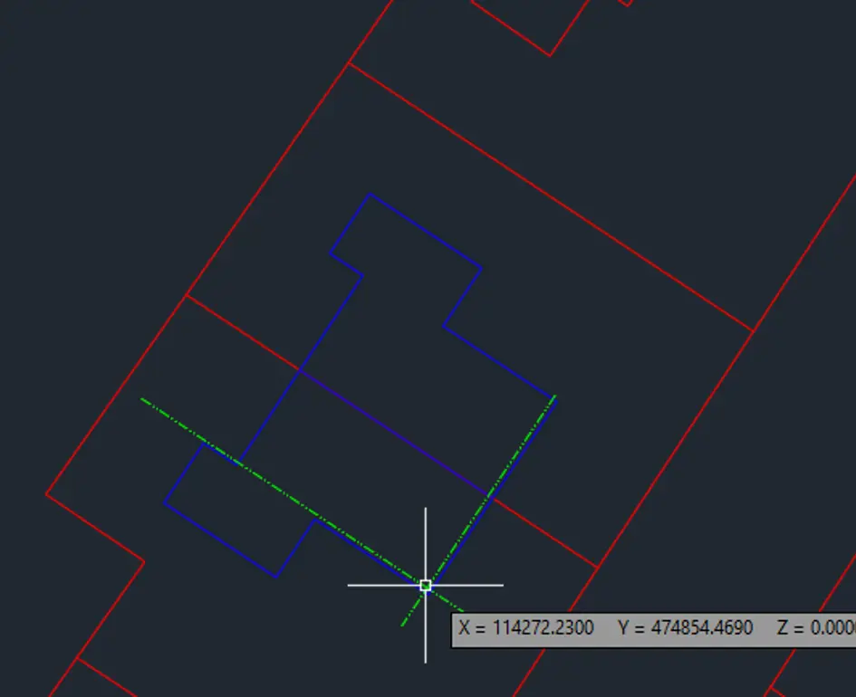 AutoCAD tekening met de positie van een woning in het RD-stelsel